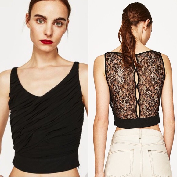 NWT Zara Black Ruched Lace Back Top Size Large - Picture 1 of 4